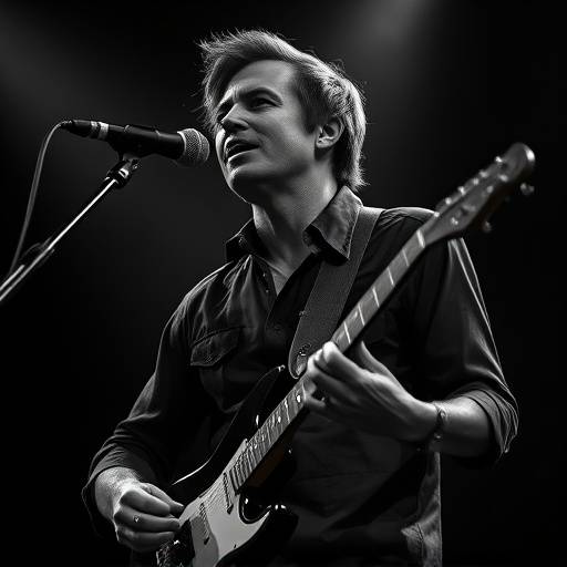 Artistic portrait of a musician playing a guitar, captured in black and white with dramatic lighting. The image conveys the passion, emotion, and dedication of the artist.