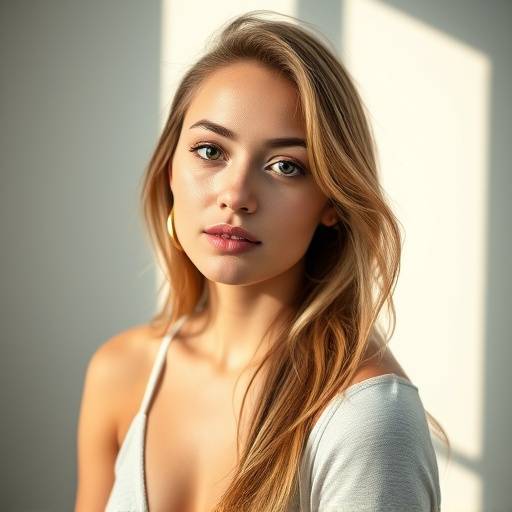 Beautiful portrait of a young woman in a sunlit studio, demonstrating the use of natural light to enhance her features and create a soft, flattering image.