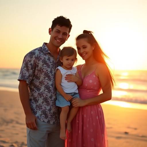 Family portrait with parents and two children at the beach during sunset.