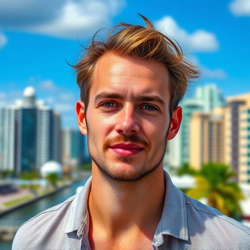 Outdoor portrait of a man against a vibrant Miami cityscape.