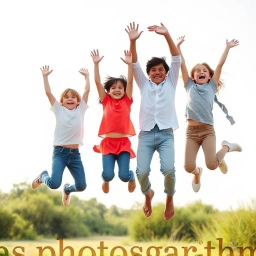 Playful family portrait of children jumping in the air during an outdoor photography session. The image captures the joy, spontaneity, and energy of childhood.