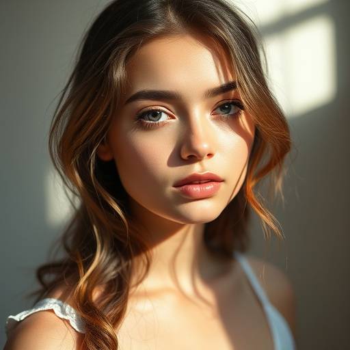 Portrait of a young woman in a sunlit studio, showcasing natural light photography.